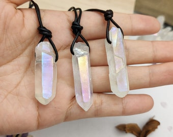 Simple Angel Aura Quartz Point Necklace Raw Angel Aura Crystal Point Necklace Adjustable Leather Chain Healing Crystal Necklace Boho Jewelry