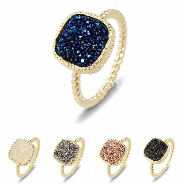 Gold Plated Bezel Square Titanium Agate Druzy Ring AB White Black Drusy Geode Ring Healing Druzy Stone Ring Gemstone Ring Boho Jewelry Gift
