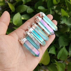 Raw Light Aqua Aura Quartz Point Pendant Silver Plated Blue Aura Quartz Charm Healing Crystals Energy Jewelry Success Stone For Her For Him