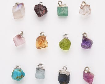 Small Raw Gemstone Charm,Silver Plated Birthstone Quartz,Natural Crystal Healing Emerald Ruby Stone, for DIY Jewelry Making