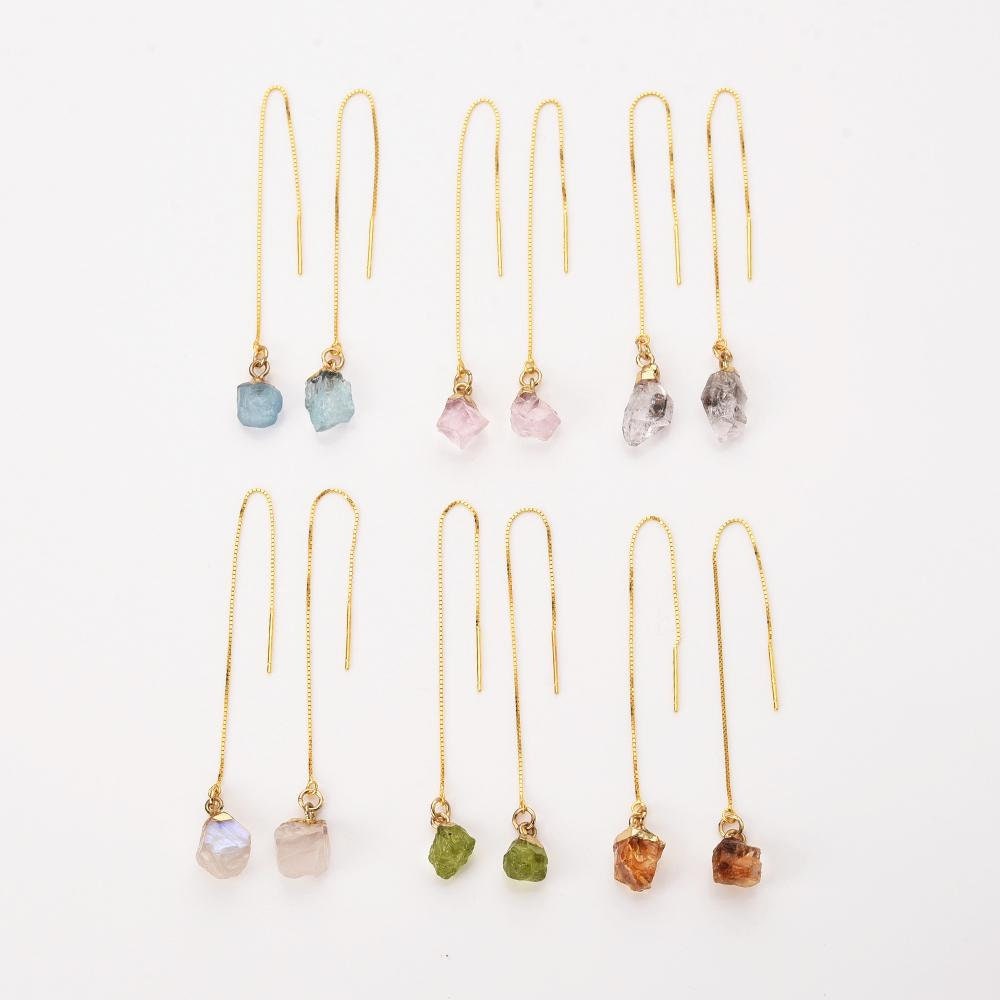 Raw Gemstone Threader Earrings, Gold Plated 925 Silver Chain,…