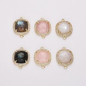 Gold Claw Faceted Square Natural Gemstone CZ Micro Pave Connector Briolette Healing Crystal Moon Stone Rose Quartz DIY Jewelry Making Charm