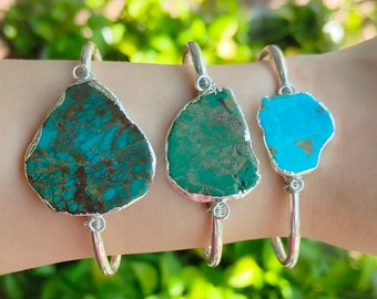 Handmade Silver Plated Real Turquoise Cuff Bracelet: Healing Boho Bangle, Wire Wrapped Gemstone