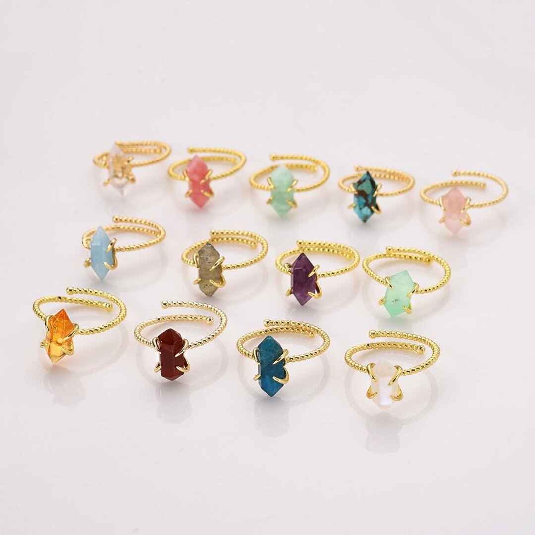 Presher Point Rings Adjustable Gemstone Point Ring Gold Plated Birthstone Ring Healing ...