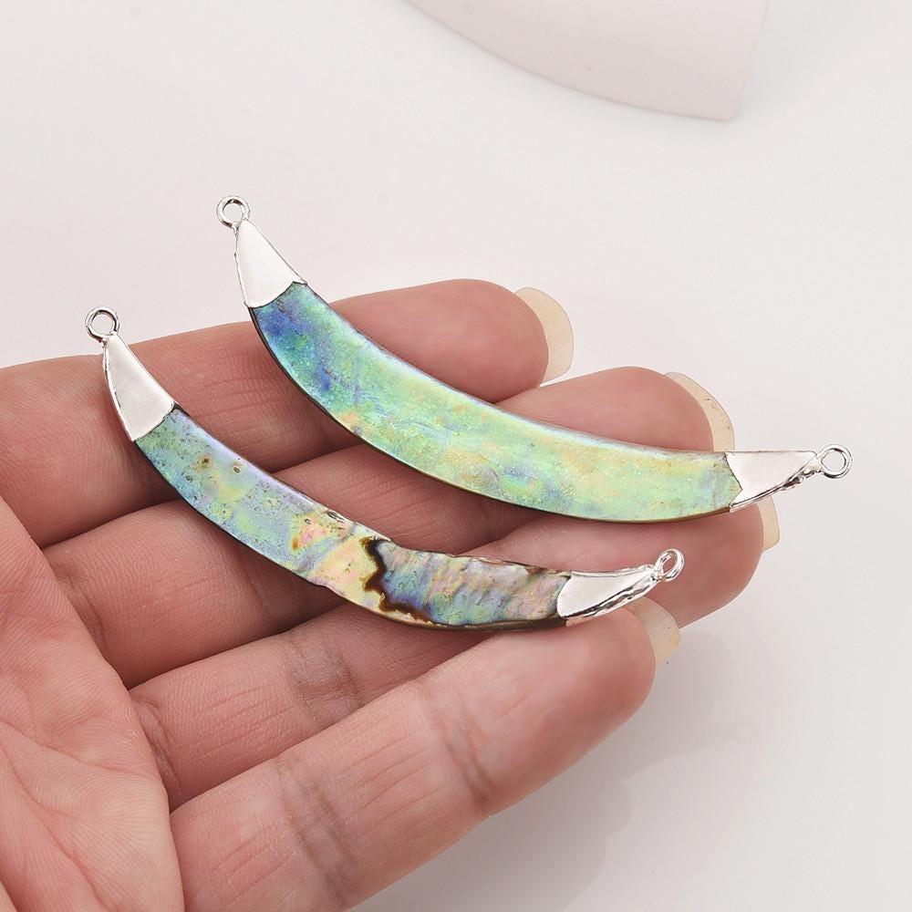 Silver Plated Rainbow Abalone Shell Crescent Connector, Jewelry Making ...