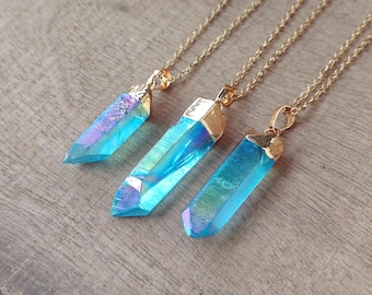 Collar con colgante de punta de cuarzo aura azul aguamarina en bruto de 16 pulgadas, chapado en oro, joyería de cristal curativo, piedra del éxito para ella o para él.