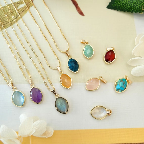 16" Gold Plated Gemstone Marquise Necklace: Natural Crystal Healing Jewelry, Faceted Birthstone Necklace