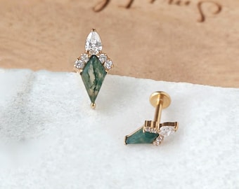 Dainty Green Real Moss Agate CZ Studs, Flat Back Earrings, Helix Earlobe Stud Gemstone Cartilage Stud Internally Threaded,Sister Gift