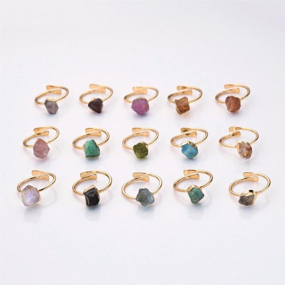 Adjustable Raw Natural Stone Ring, 18k Gold Plated Birthstone Ring, Healing Crystal Gemstone Boho Jewelry Gift