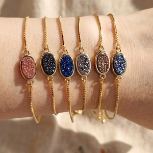 Oval Rainbow Titanium Druzy Bracelet, Gold Plated Adjustable Box Chain, Sparkle Natural Crystal Stone, Boho Gemstone Jewelry Gift for Her