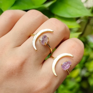 Adjustable Raw Amethyst Moon Ring Gold Plated Birthstone Ring Healing Crystal Stone Ring Gemstone Ring Crescent Moon Women Ring Jewelry Gift