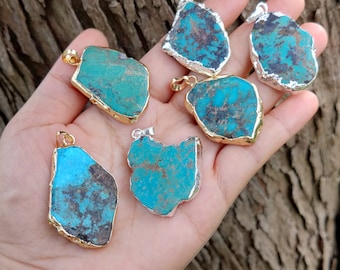 Natural Turquoise Slice Pendant Bead: Gold/Silver Plated Gemstone Charm for DIY Jewelry Making, Healing Stone, Ramdon Colors
