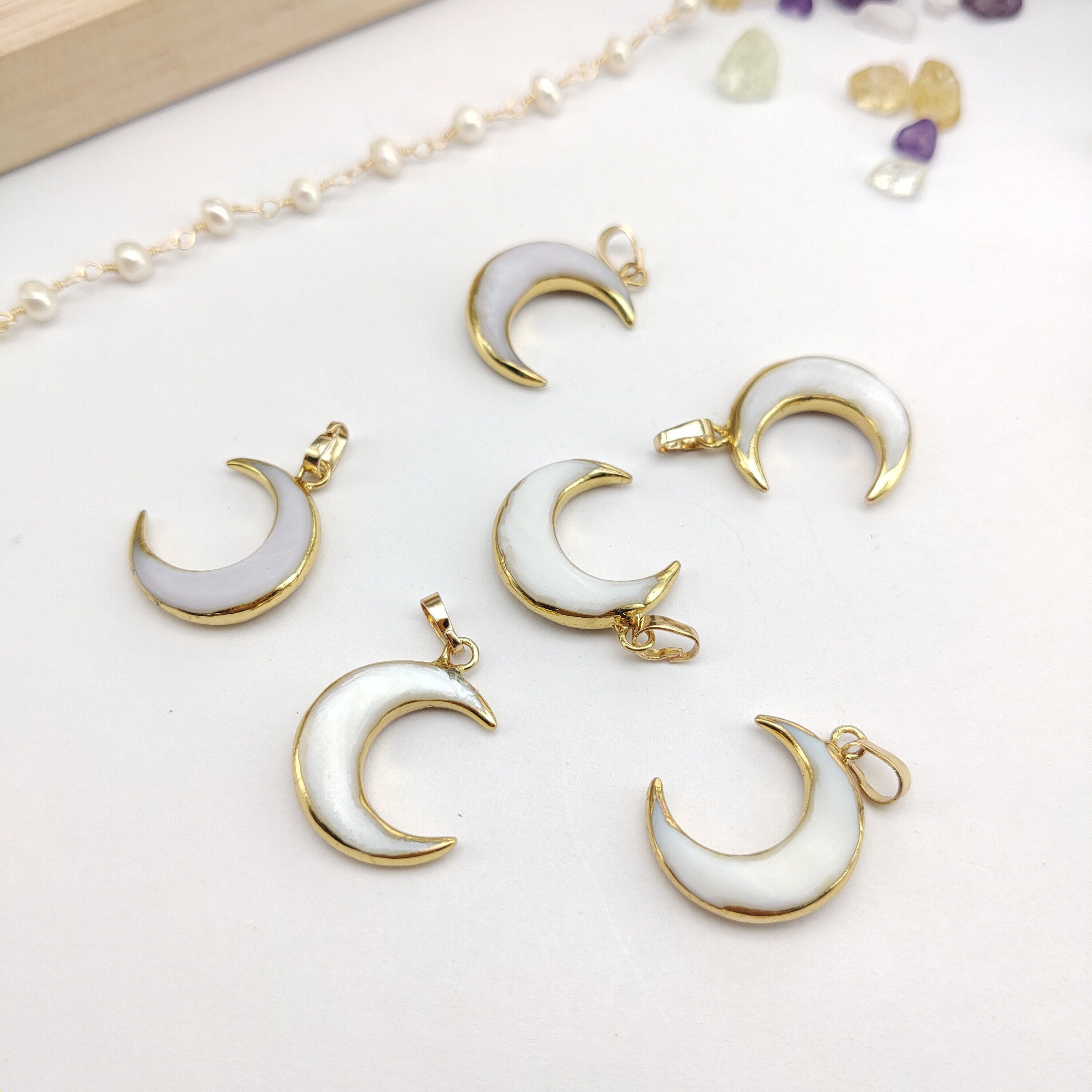Gold Plated White Shell Moon Pendant: Beach Jewelry, Natural Shell ...