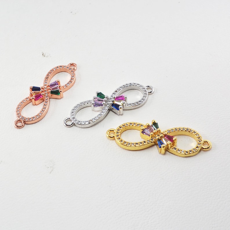 Real Plated Brass 6Pcs GoldSilverRose Gold CZ Micro Pave Bowknot Connectors Rainbow Rhinestone Charm