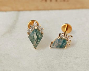Dainty Kite Green Real Moss Agate CZ Studs, 925 Silver Flat Back Earrings, Helix Earlobe Stud Gemstone Cartilage Stud Internally Threaded