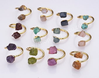 Adjustable Double Raw Gemstone Ring Gold Plated Birthstone Ring Healing Crystal Ring Amethyst Rose Quartz Moonstone Boho Jewelry Ring Gift