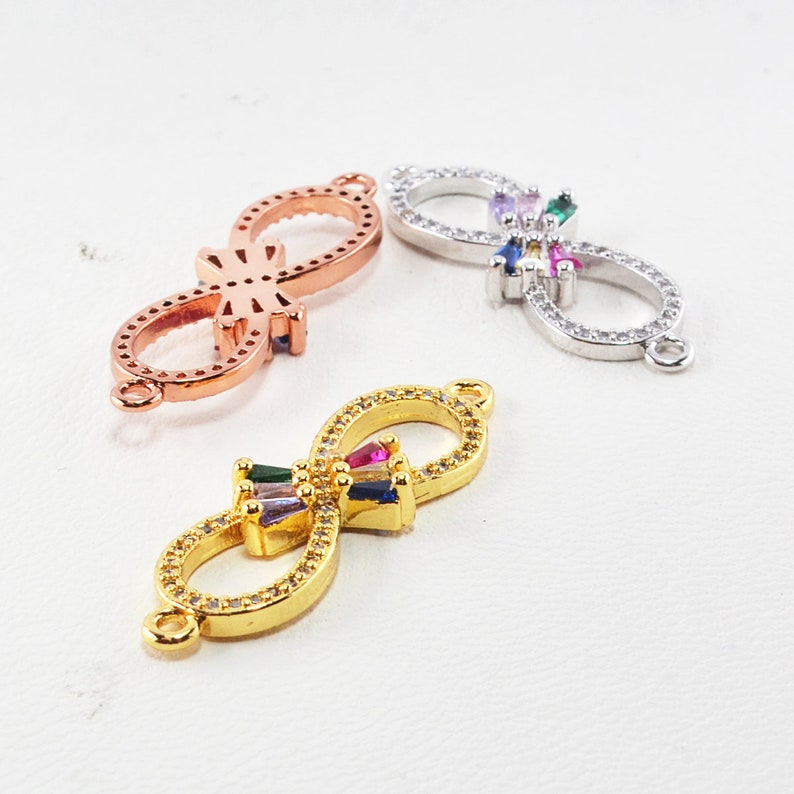 Real Plated Brass 6Pcs GoldSilverRose Gold CZ Micro Pave Bowknot Connectors Rainbow Rhinestone Charm
