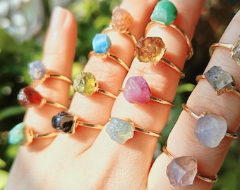 Raw Natural Gemstone Ring: 18k Gold Plated Birthstone Statement Ring, Copper, Boho Crystal Healing Jewelry Gift