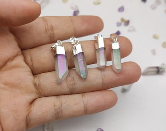 Small Silver Angel Aura Quartz Point Pendant: Raw Crystal Healing Stone, Titanium White