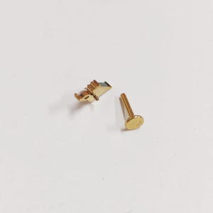 May include: Two gold-colored body jewelry pieces. One piece features a small, rectangular design with a dark accent, and the other is a straight post with a flat, round end. The jewelry is set against a white background.