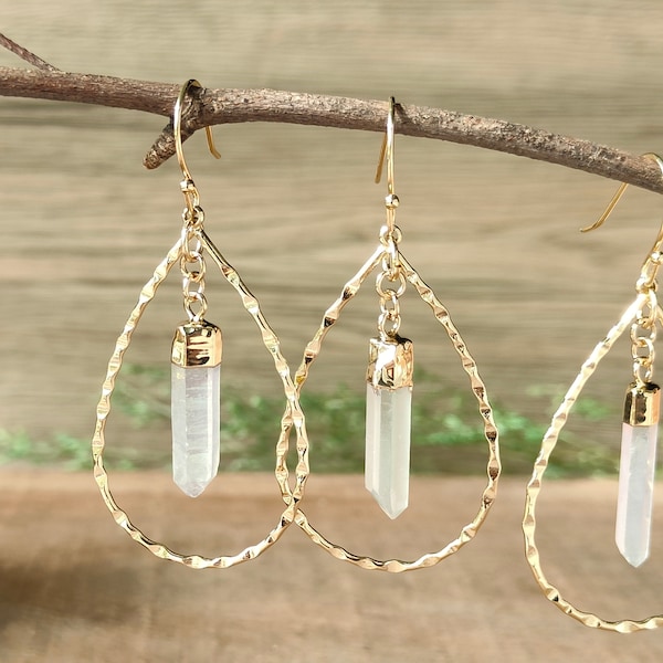 Raw Angel Aura Quartz Cluster Point Earrings Gold Plated Big Teardrop Dangle Earring Titanium Crystal Point Earring Healing Gemstone Jewelry