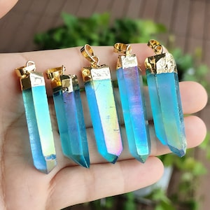 Raw Light Aqua Aura Quartz Point Pendant Gold Plated Blue Aura Quartz Charm Healing Crystals Energy Jewelry Success Stone For Her For Him