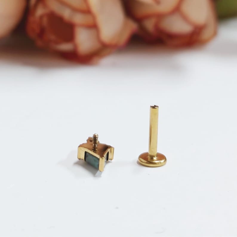 May include: A gold-colored lip piercing stud with a small, rectangular, teal-colored stone. The stud is next to a gold-colored post with a flat, round base. The background is white with blurred orange flowers.