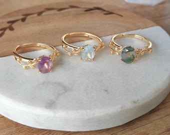 Anillo delicado de plata 925 con ágata musgosa auténtica y piedra lunar, diseño de enredadera, piedra natal, cristal curativo, joyería de piedras preciosas, regalo de cumpleaños para ella y mamá.