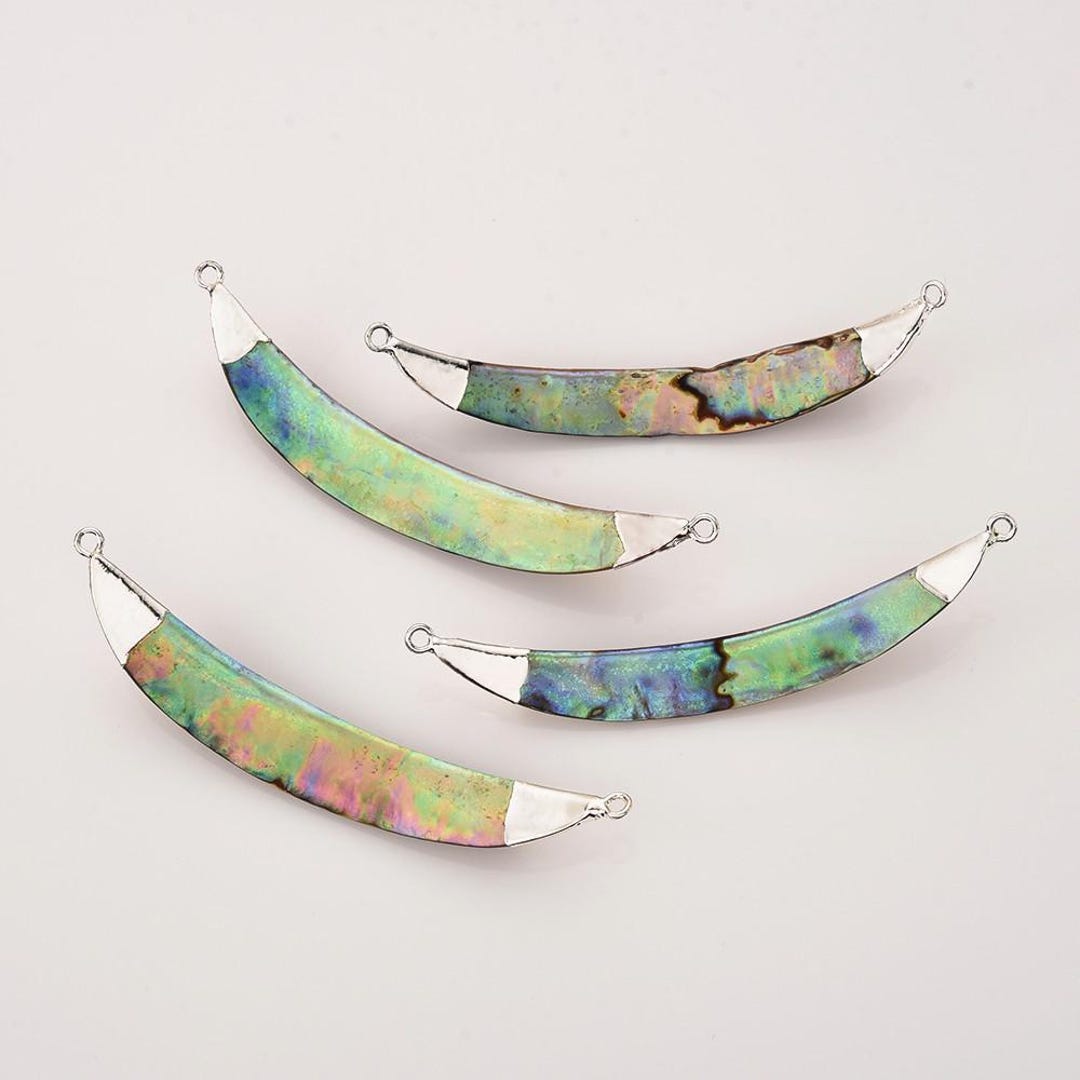 Silver Plated Rainbow Abalone Shell Crescent Connector, Jewelry Making ...