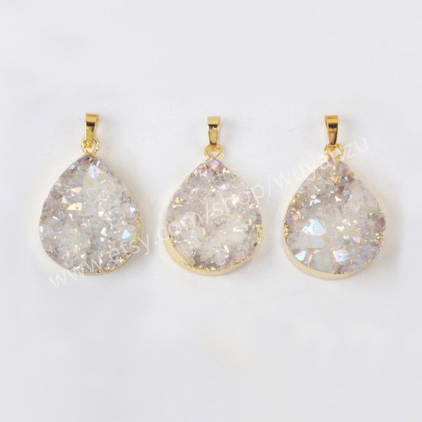 Sparkle AB Color Agate Druzy Geode Drop Pendant Gold Titanium Druzy Crystal Pendant Druzy Quartz Teardrop Gemstone Natural Drusy Jewelry