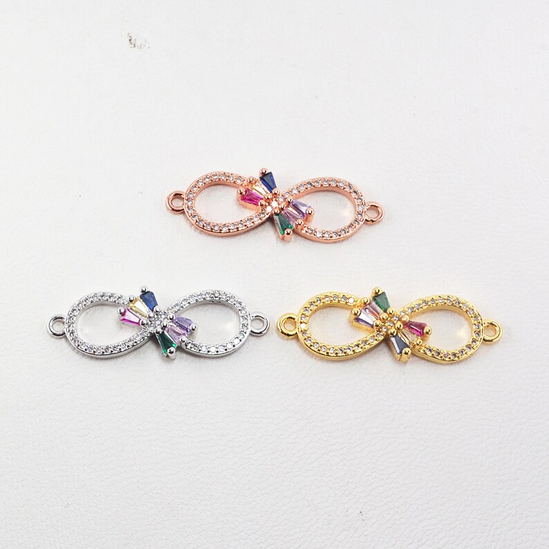 Real Plated Brass 6Pcs GoldSilverRose Gold CZ Micro Pave Bowknot Connectors Rainbow Rhinestone Charm