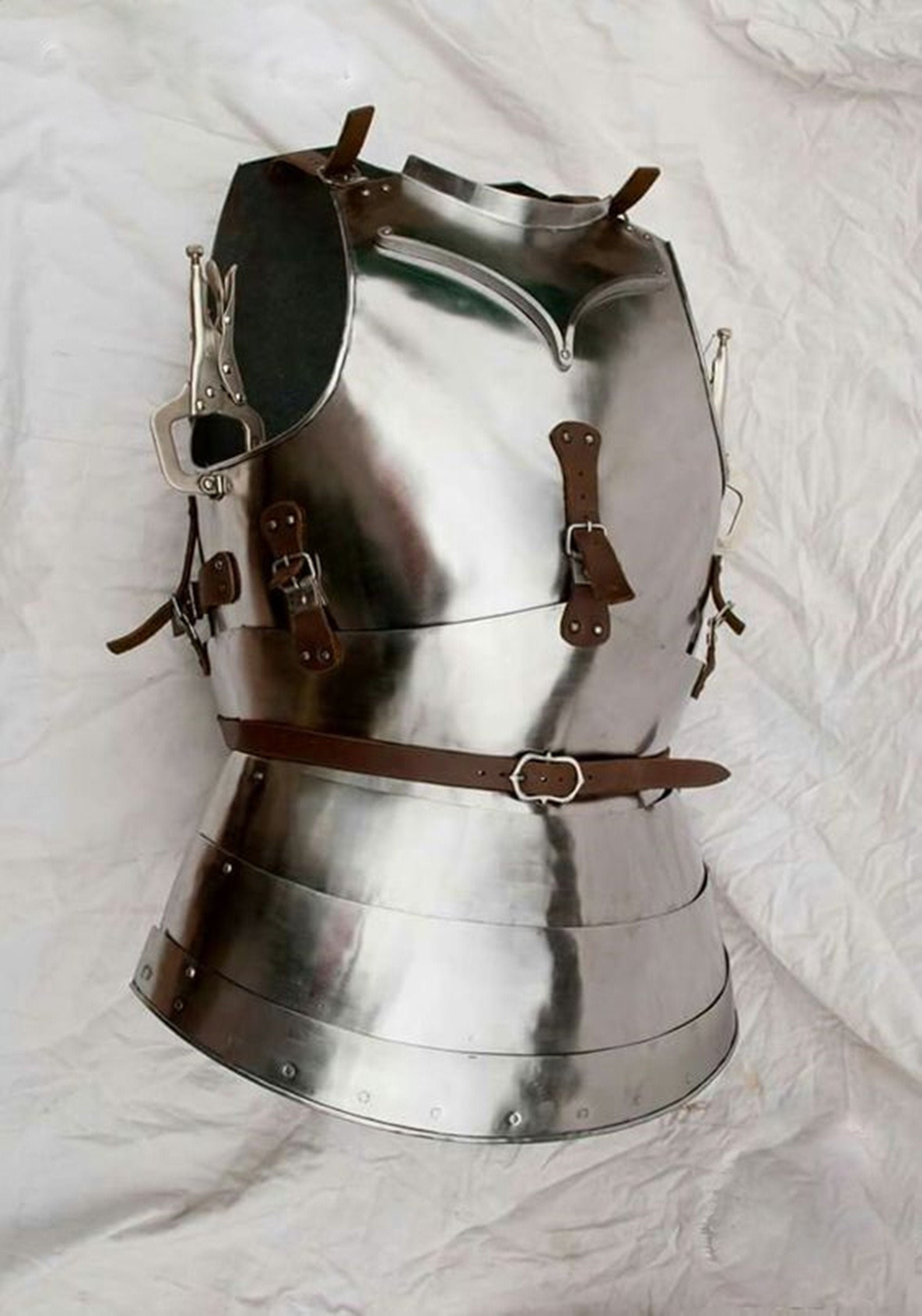 Womans Leather Breast Plate B-cup in Silver With Hand Carved Accents 