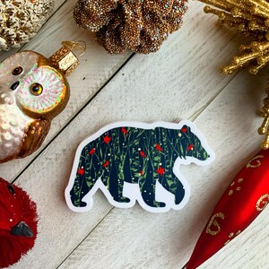 Winter Bear Sticker -- Holiday Bear Sticker -- Beer met Berkenboom en Vogelsticker -- Wintersticker