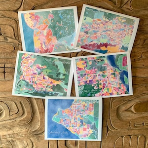 Cartes de carte d’aquarelle de l’Alaska -- Cartes de la ville de l’Alaska dessinées et illustrées à la main -- Anchorage, Eagle River, Palmer, Wasilla, Kenai/Soldotna