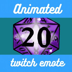 Puede incluir: Emote animado de Twitch que presenta un dado de 20 caras morado con un 20 blanco brillante en la cara. El dado está sobre un fondo negro con el texto "Emote animado de Twitch" arriba y abajo del dado.