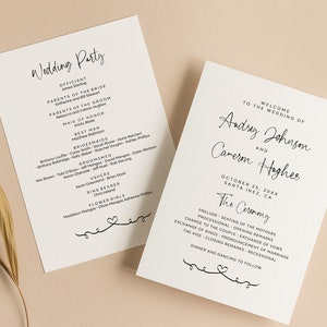 May include: Wedding ceremony programme with a black and white design. The programme includes the names of the wedding party, the officiant, and the order of the ceremony. The ceremony is scheduled for 25 October 20XX in Santa Ynez, CA.