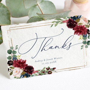 Bourgogne Marine Or Floral Boho Merci Modèle de Carte, Editable Plat et Plié Carte de Remerciement, Boho Mariage Note de remerciement, Corjl Daphne