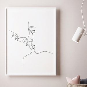 Arte de una línea, boceto de beso romántico, regalo de San Valentín, cartel de línea continua única, pareja imprimible, arte de pared imprimible, minimalista moderno