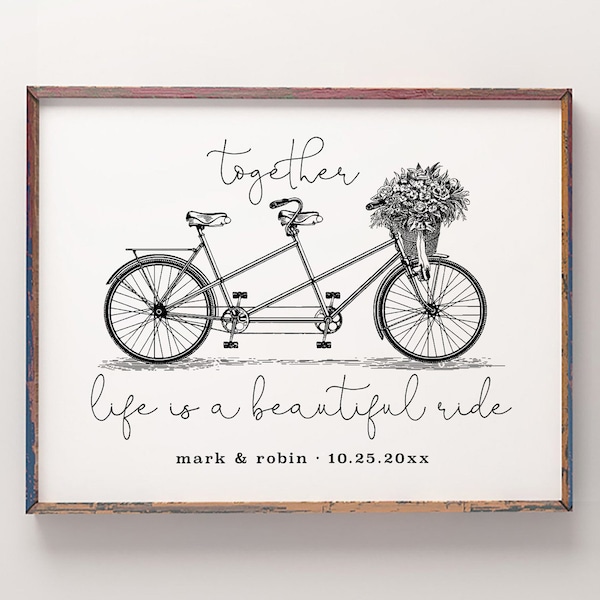 Vintage Tandem Bike, 10x8 Custom Sign Wedding Gift, Anniversary Gift Personalized Wedding Date Print, Valentine Gift, Corjl Instant Download