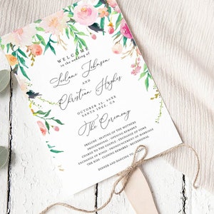 Watercolor Outdoor Garden Flowers Wedding Program Fan Template, Modern Calligraphy Wedding Program, Corjl Instant Download BLOSSOM