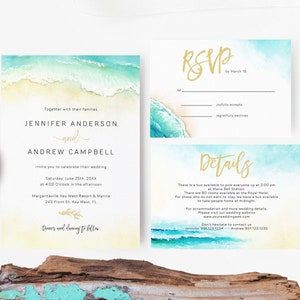 Beach Wedding Invitation Template Suite, Ocean Invitation, Seashore Wedding Invitation Template, Tropical Wedding Invitation Set CORAL