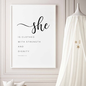 She Is Clothed In Strength And Dignity Print, Proverbs 31:25, Bible Verse Print, Girls Room Decor, Gift For Her, Instant Download