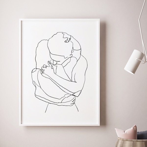 Couple Hug Line Drawing Print, Black and White, Single Continuous Line Poster, Couple Printable, Printable Wall Art, Modern Minimalist