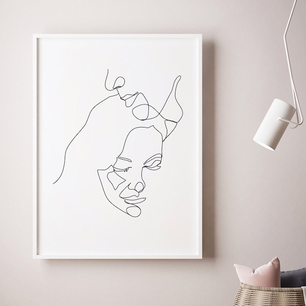 Romantic Couple Line Drawing Print, Black and White, Valentines Gift, One Line Art, Couple Printable, Printable Wall Art, Modern Minimalist