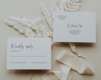 Plantilla RSVP de boda minimalista imprimible con iconos de elección de comida, tarjeta RSVP minimalista, tarjeta de respuesta, tarjeta de repetición editable AURORA