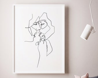 Romantic Kiss Line Drawing Print, Black and White, Single Continuous Line Poster, Couple Printable, Printable Wall Art, Modern Minimalist