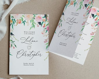 Watercolor Floral Bi-Fold Wedding Program Template, Printable Folded Wedding Program Booklet, Editable Wedding Program, Corjl BLOSSOM