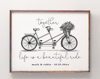 Vintage Tandem Bike, 10x8 Custom Sign Wedding Gift, Anniversary Gift Personalized Wedding Date Print, Valentine Gift, Corjl Instant Download