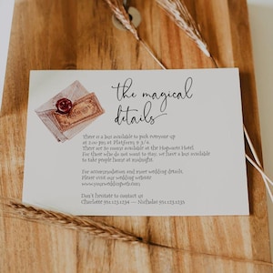 Afdrukbare wizard thema behuizing kaart sjabloon, bewerkbare details kaart, magische bruiloft uitnodiging invoegen, magische details kaart Corjl Hermelien