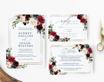 Burgundy, Navy and Gold Bohemian Watercolor Floral Wedding Invitation Suite, Wedding Invite Template, Boho Wedding Invitation Set DAPHNE